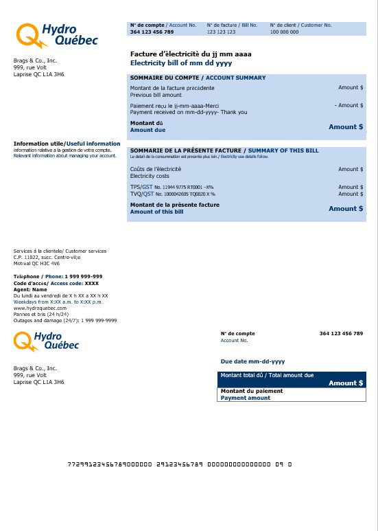 Canada Hydro Quebec business utility bill template in Word and PDF formats (2)